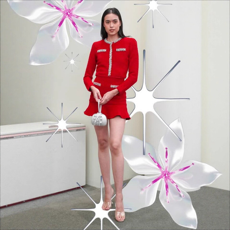 跨境欧美秋冬新款水钻小香风针织开衫女+荷叶边半身裙圆领毛衣外|undefined
