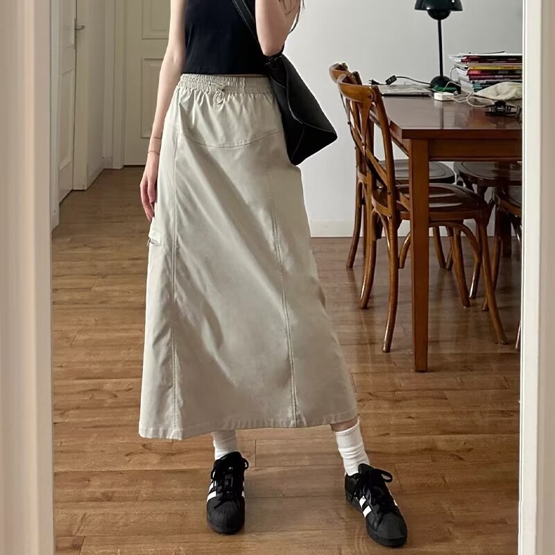 American Style Workwear Skirt Women's Summer New plus size chubby girl Drawstring Hip Covering Giant Slimming Mid-length A- line Skirt for Women