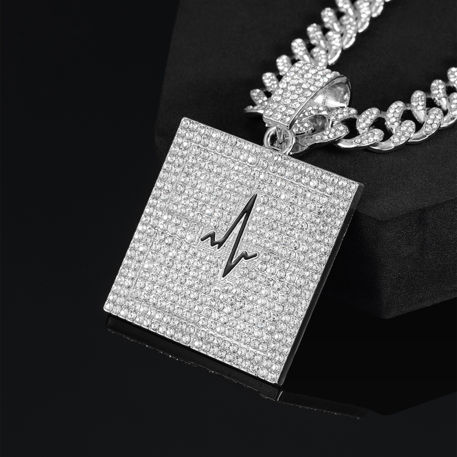 New Square Plate ECG Pendant Alloy Full Diamond Cuban Link Chain Hip Hop Style Trendy Men's Jewelry  Price display picture 4