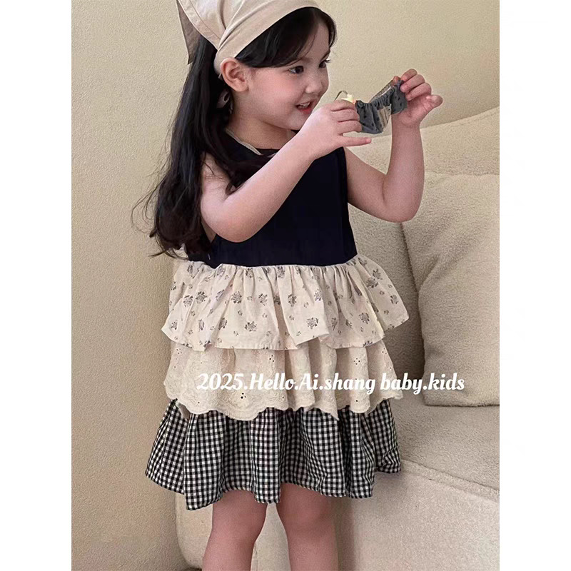 Jiao Yan primavera y verano coreano niñas dulce vestido de flores de mosaico ropa infantil coreana chaleco de encaje para niños