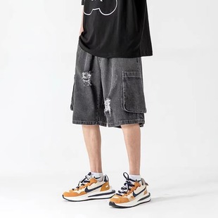 Men's Summer Denim Shorts Hong Kong Style Loose Thin Washed Five-Point Pants Trendy Cool Versatile Ripped Denim Mid-Length Shorts