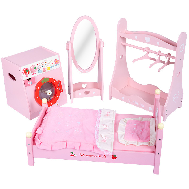 Nuevo juego de juguetes de madera para lavadora infantil para jardín de infancia, cama de muñecas realista, regalo de cumpleaños para niñas.