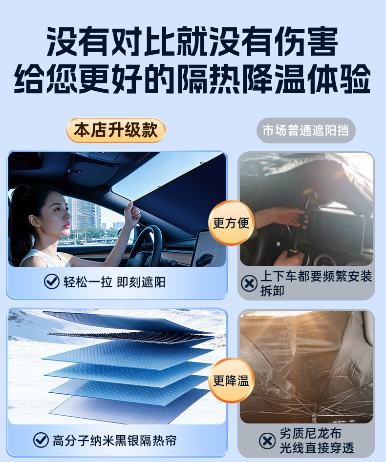 Automotive Automatic Retractable Sunshade Curtain for Front Windshield, Sun Protection, Heat Insulation, Light Blocking, Anti-Glare for Summer