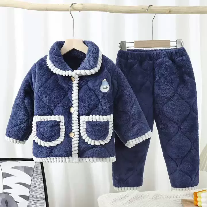 秋冬季珊瑚绒儿童睡衣女童男童夹棉加绒加厚款宝宝小孩法兰绒套装