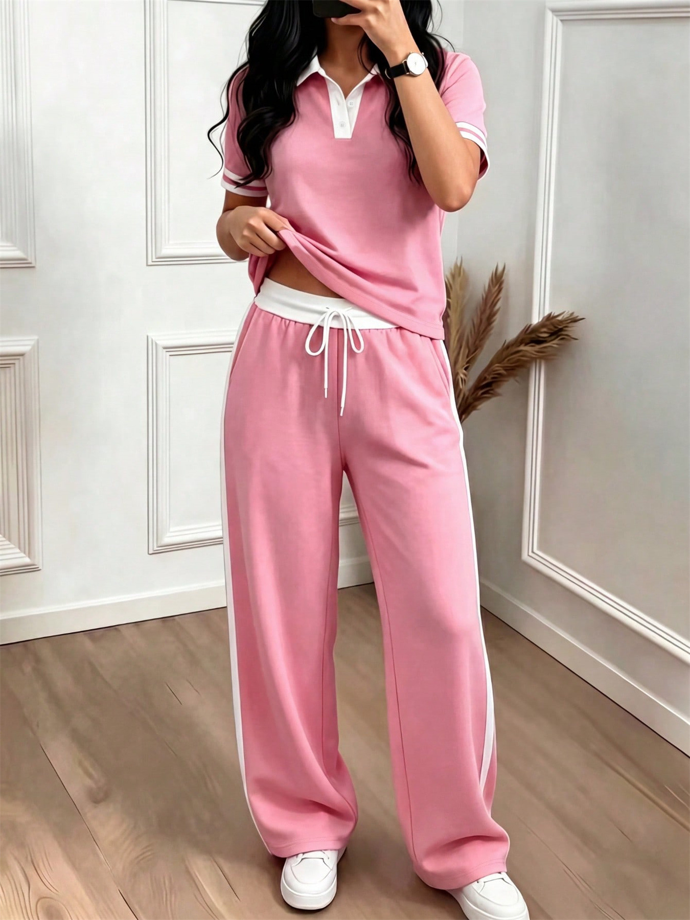 Women's Casual Color Block Polo Neck Top with Striped High-Waisted Drawstring Trousers Set Comfortable Summer Pant Set_ecoleips.com
