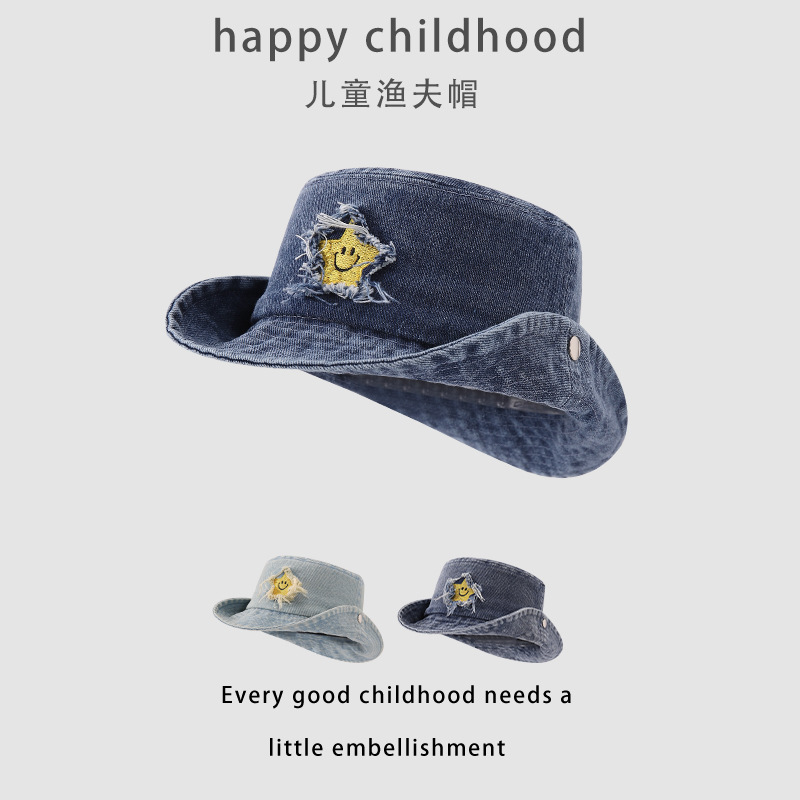 Los vaqueros occidentales personalidad de los niños flanged sombrero pescador primavera y otoño estrellas vaqueros sombrero de camping sombrero de montaña