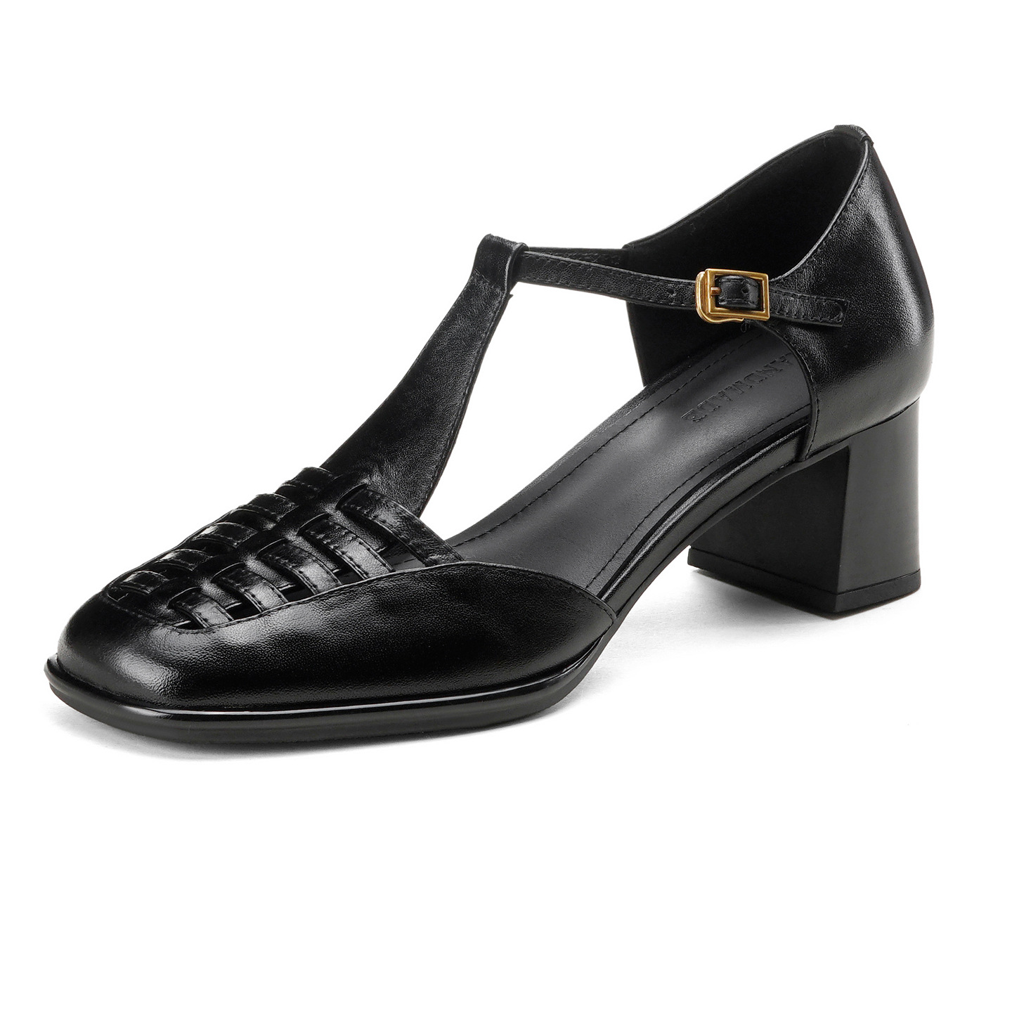 Sandal cao gót nữ mũi nhọn quai chữ T dệt hở gót, gót 5 cm — đen
