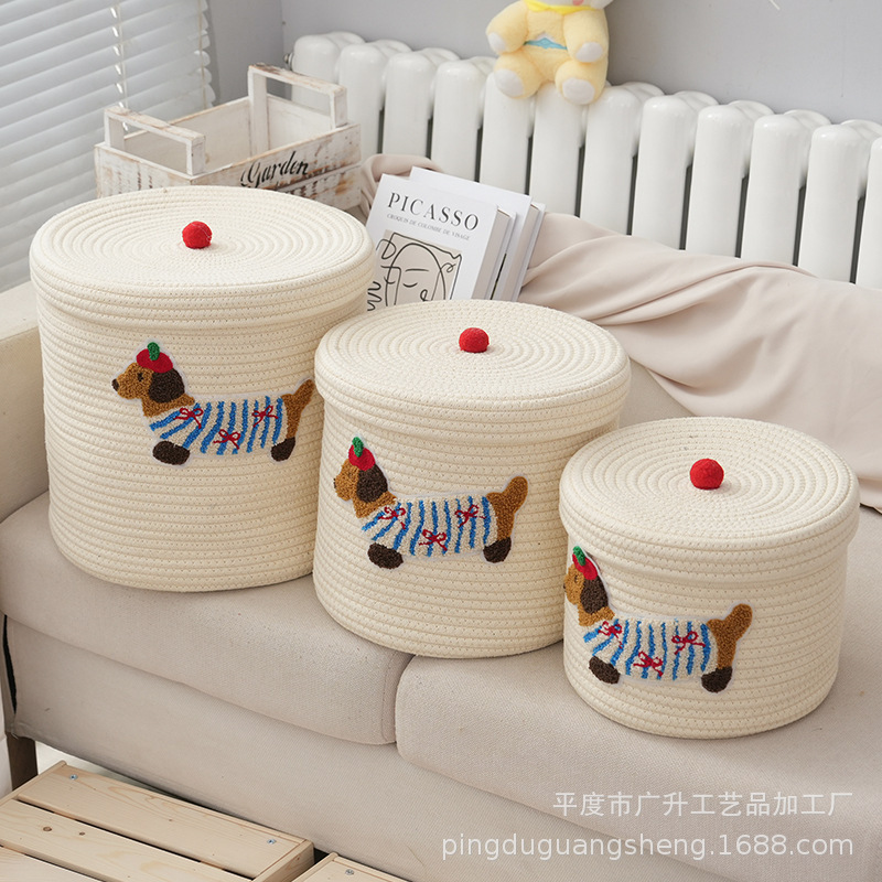 New Cute Dachshund Storage Basket Woven Cotton Rope Frame Large Capacity with Lid Dustproof Storage Bin Desktop Dustproof Basket