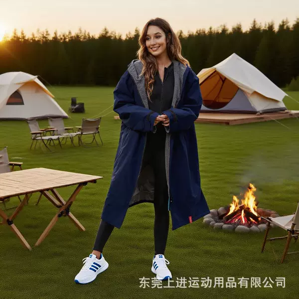 Adult Long-Sleeved Windproof and Water-Repellent Hooded Fleece-Lined Warm Outdoor Camping Cloak Coat