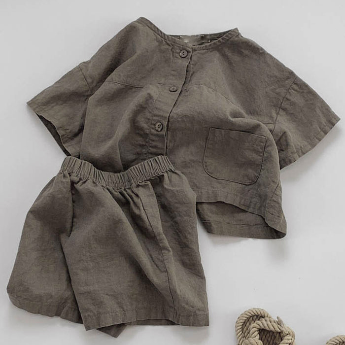 2021韩版儿童夏装新款时尚宽松仿棉麻复古洋气衬衫短裤男女童套装|ms