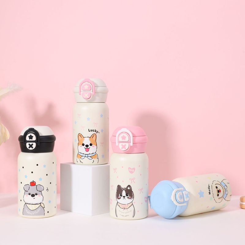 かわいい水玉模様の漫画柄ウォーターカップ、持ち運び用ストラップ付き、ステンレス製魔法瓶カップ、車用ロックバックル、バウンス蓋、ストローカップ|undefined