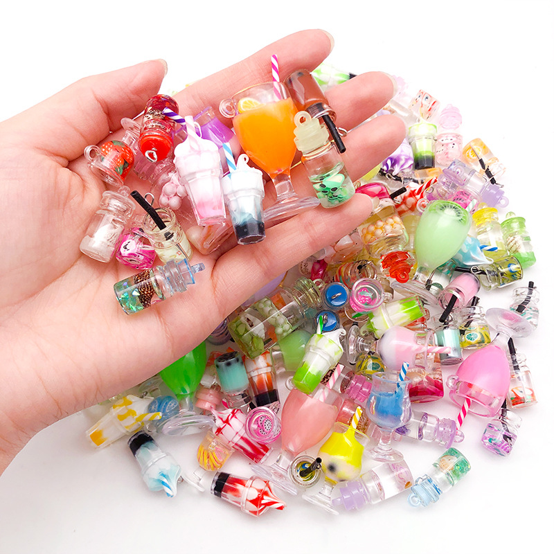 Mezcla 10 helado taza de jugo de leche taza de té botella de vidrio colgante 10x24mm DIY bolsa llavero Accesorios