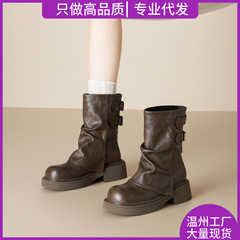 美拉德厚底马丁靴女2025新款秋棕色堆堆靴子复古百搭库管靴小短靴