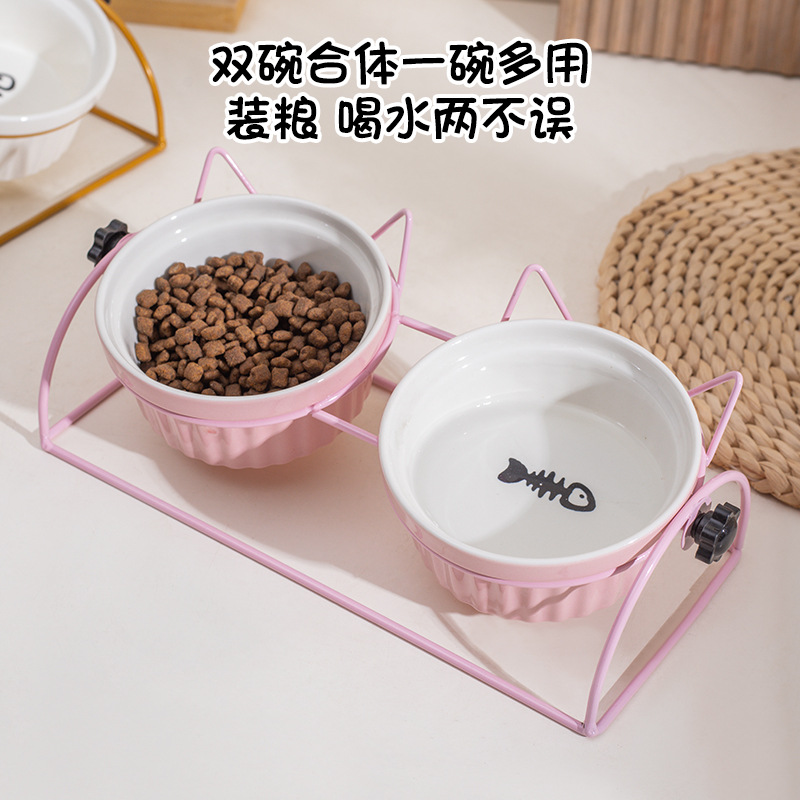 Tazón de cerámica para gatos, cuello de protección de pies altos, soporte de fijación de doble tazón anti-derroque para mascotas, tazón de alimentación para perros y gatos, ángulo de inclinación ajustable