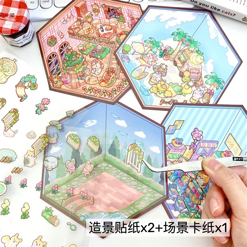Creative children's 2.5D landscaping stickers miniature scene manual cut-free hand account visual 3D stack three-dimensional decoration