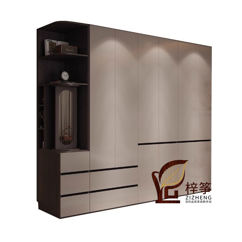Foshan Furniture Wardrobe Home Bedroom Segmented Flat-Open Light Luxury Simple Gray Solid Wood Large Wardrobe 25 New Cabinets