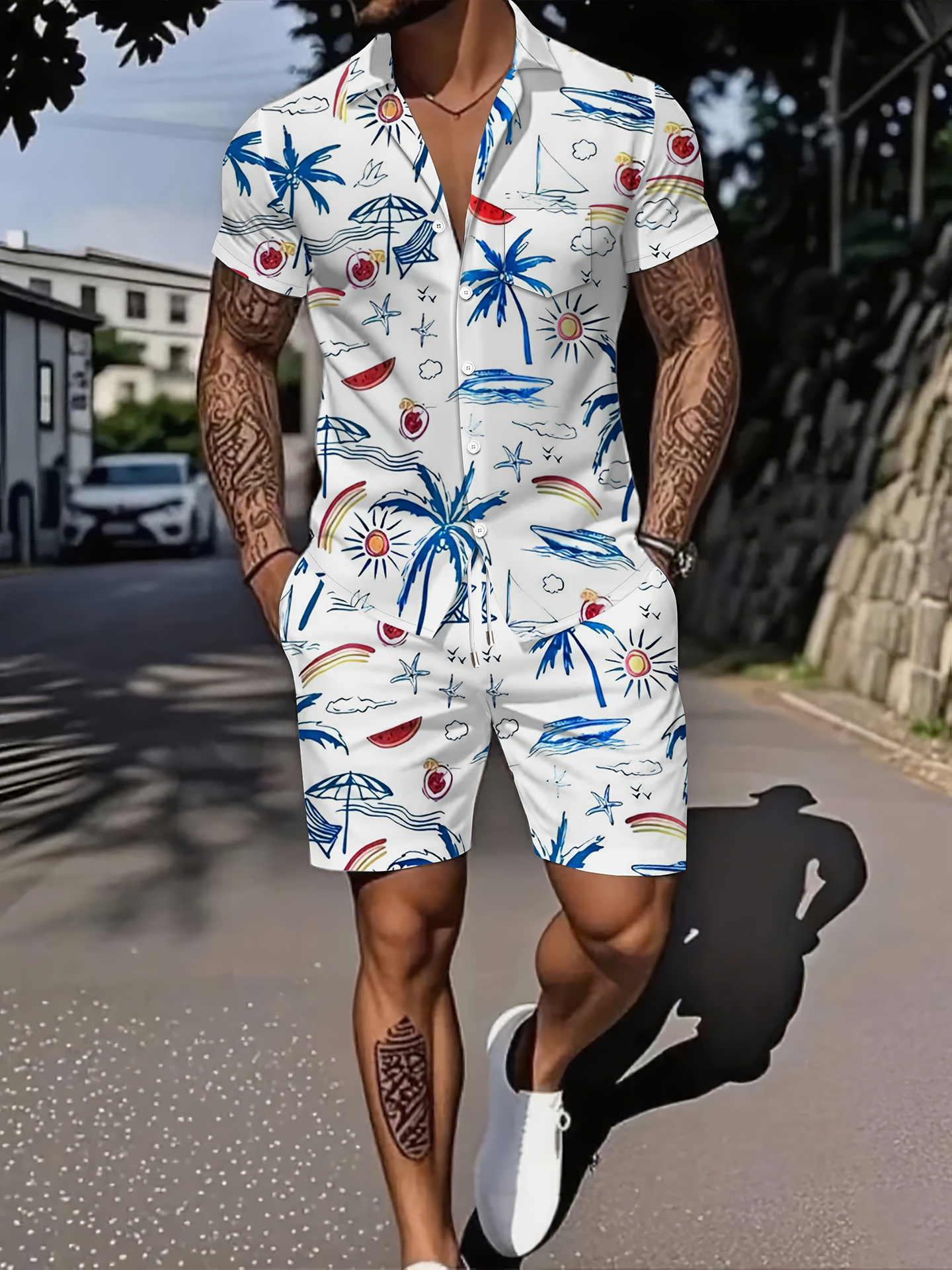 Ensemble deux pièces pour homme : chemise à manches courtes respirante et ample, imprimé lettres, style décontracté idéal pour l'été._voghion.com