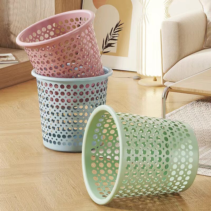 Round Plastic Hollow Trash Can Bathroom Kitchen Toilet Hotel Hotel Coverless Large Office Waste Paper Basket