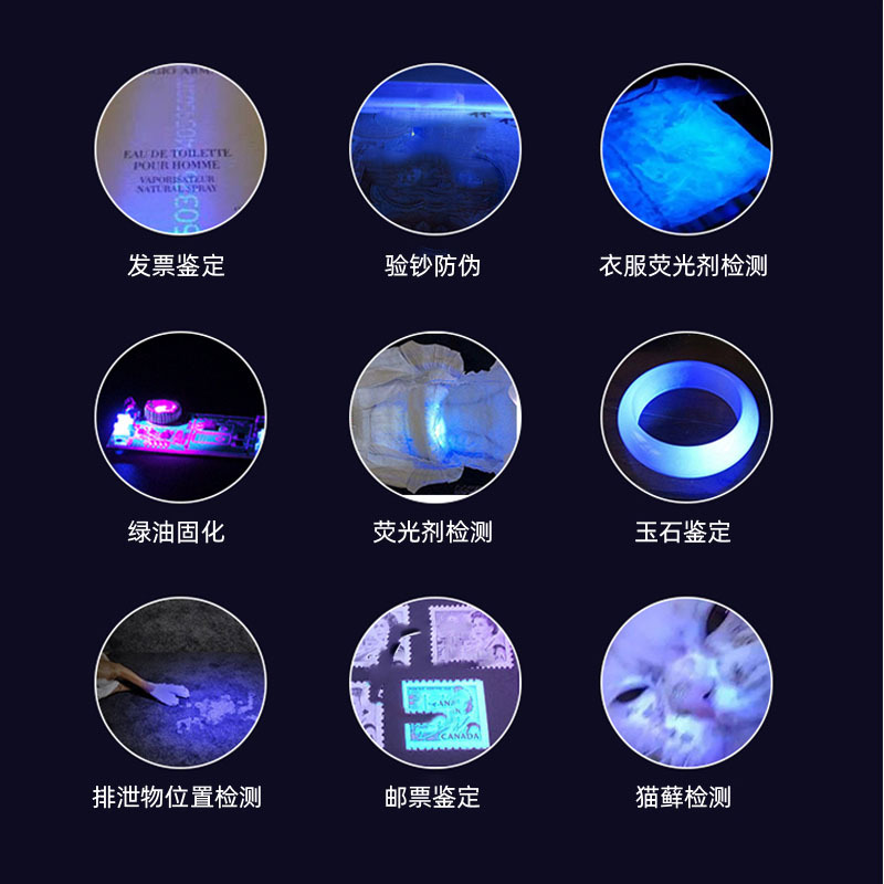 365nm UV light for identification, used for detecting counterfeit money, cigarettes, alcohol, and for inspecting jade and gemstones, Wood's UV adjustable focus flashlight