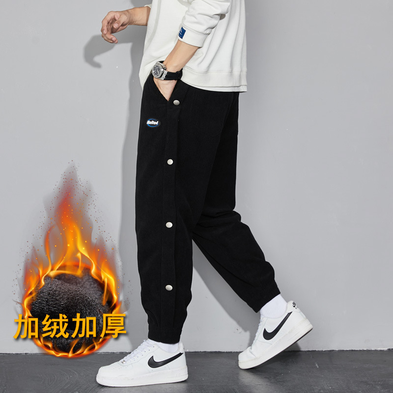 Winter new men's fleece-lined thickened corduroy ankle-tied loose casual sweatpants student handsome all-Match sports pants