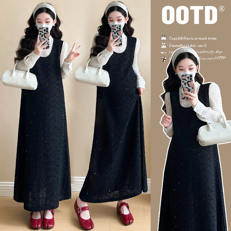 Pregnant Women's Spring Tide Mom Early Spring and Autumn New Elegant Sequin Strappy Dress Wave Dot Chiffon Shirt Fashionable suit Two-piece Set