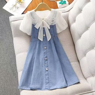 Girls' Denim Junior High School Girls' Dresses, Stylish Kidsren's Splicing Fake Two-Piece Skirts, Girls' Summer Clothes, Korean