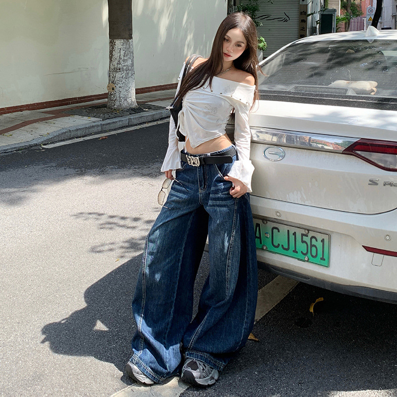 弯刀牛仔裤女2025年春秋新款小个子直筒宽松高腰显瘦阔腿拖地裤子|undefined