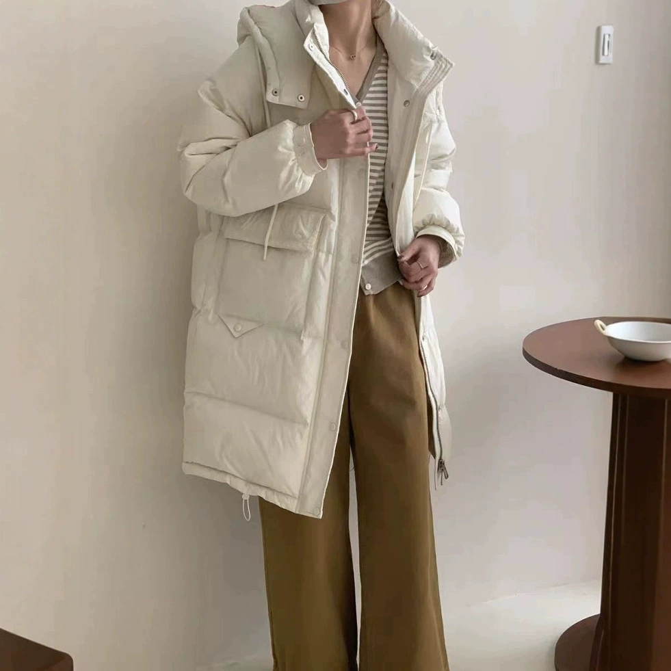 2024, зимняя новая модная куртка средней длины в корейском стиле с капюшоном, теплая белая куртка на утином пуху для женщин