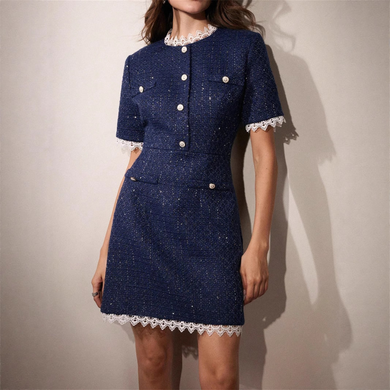 Cross-Border European and American Foreign Trade Women's Lace Trim Fine Glitter Button Chanel-Style Slim-Fit Ready-To-Ship Dress