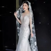 Новый французский ананас цветочный кружевной пряжи Роскошный блесок супер длинный хвост мягкая пряжа невеста супер сказочный белый ретро жемчуг