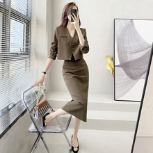 新款个性纯色长袖成熟休闲裙套装棕色气质西装两件套2250通勤风