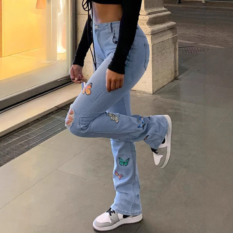 T60 Street Ripped Y2K Style Jeans with Butterfly Wash, Sexy Jeans, Casual Fashion Pants