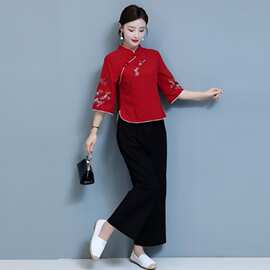 新中式民族风套装禅意茶服复古棉麻绣花唐装上衣女+阔腿裤两件套