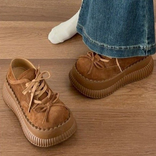 Ethnic Brogue Shoe Sole, Mid-Heel (-cm), Low-Cut Design, Lace-Up, Square Toe, Deep Rubber Opening