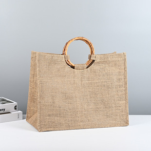 Cross-Border Round Bamboo Linen Handbag Customized High-End Wedding Party Gift Bag Beach Storage Packaging Jute Bag