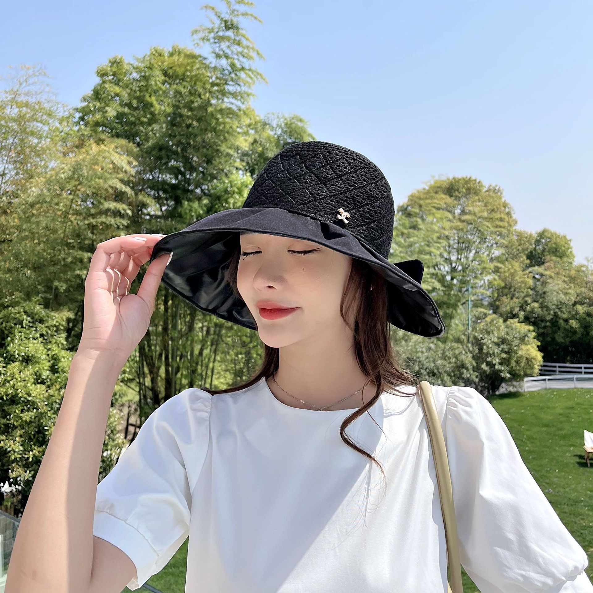 Fashion Sun Protection Block Uv Knit Breathable Vinyl Wide Brim Big Bow Hat display picture 4