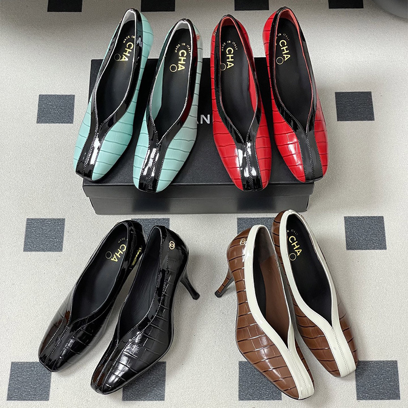 Chanel-Style Square-Toe High Heels for Women, Early Spring New Model, Genuine Leather Color-Blocking Stiletto Shoes, 8cm Crocodile Pattern Leather Shoes