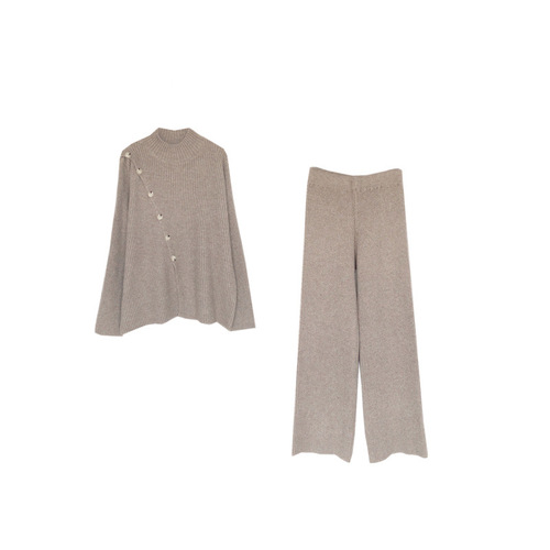 Half turtleneck knitted sweater pants two-piece set for women autumn and winter  new Korean style casual petite suit for women