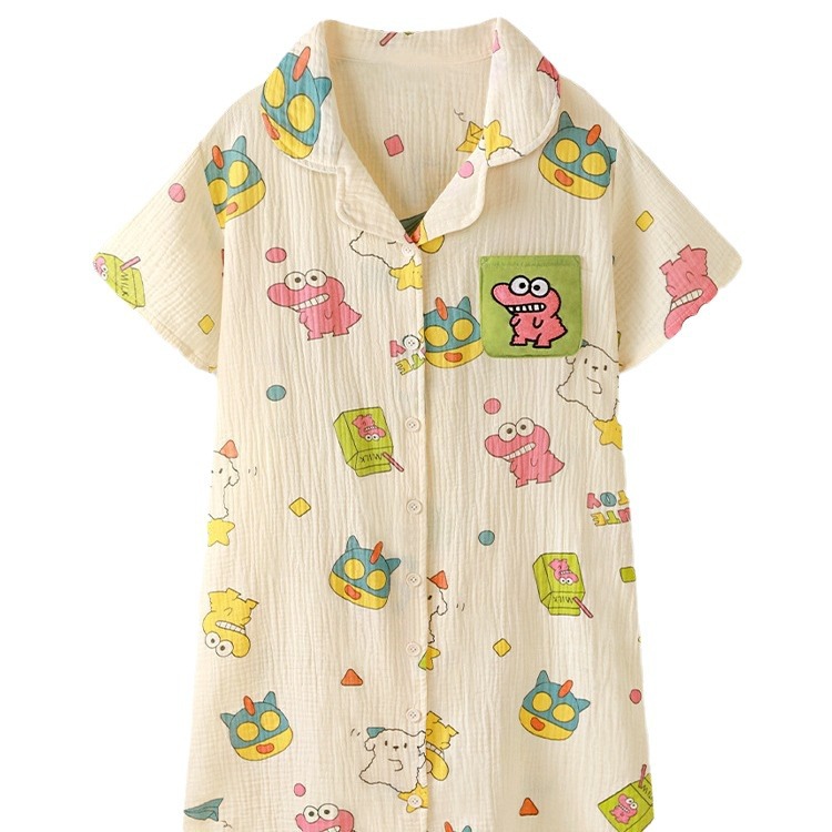 Verano nuevo estilo de imitación vestido de pijama de mujer lindo dibujo animado dinosaurio dulce vestido de pijama casero delgado transmisión en vivo