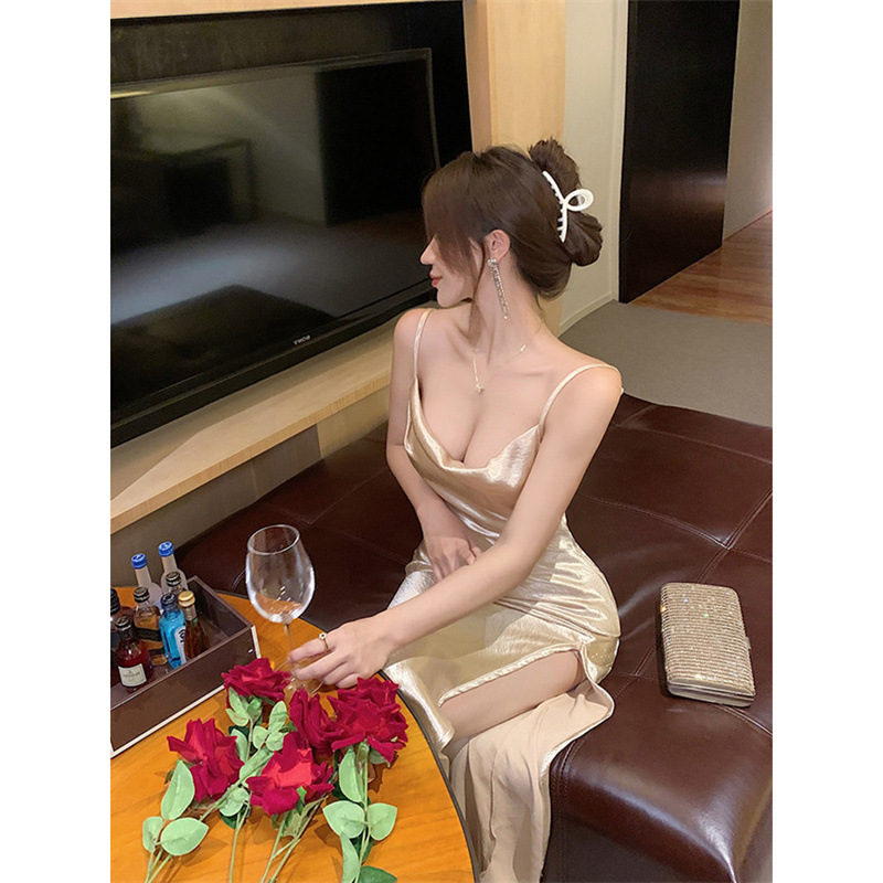 Niche Design Satin Sexy Suspender Dress for Women Summer New Champagne Color Stunning Slim Slit Long Skirt