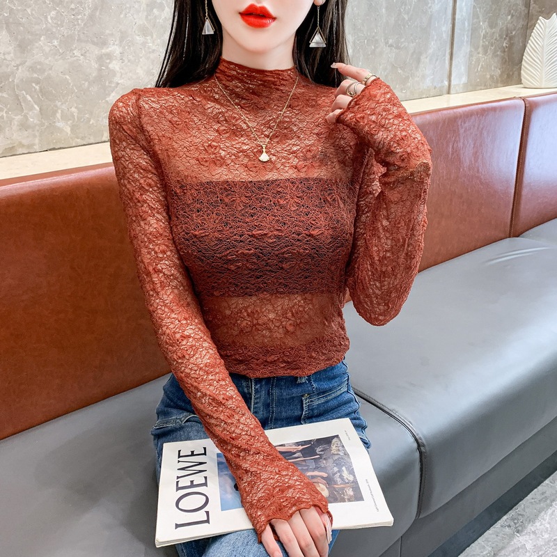 Autumn and Winter Half-high Collar Lace Base Shirt Women's Inner Long-sleeved Vessel Clothes High-end Western Style Small Shirt Sweater with Mesh