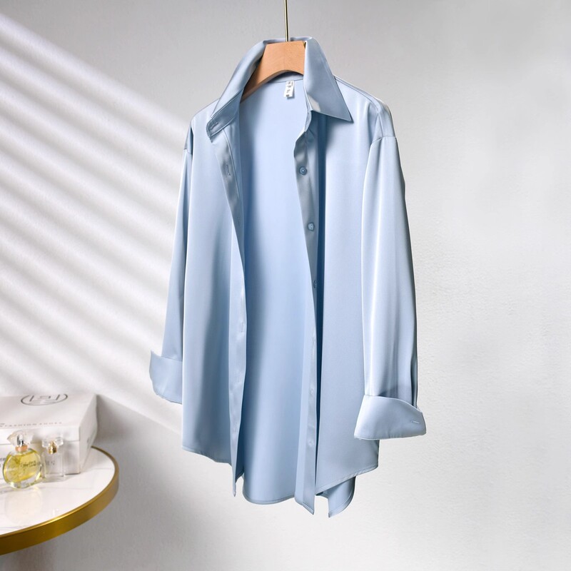 Real Shot of the New Fashionable Loose-Fitting Versatile Casual High-End Drapey Lazy Style Sky Blue Faux Acetate Satin Shirt for Women Real Shot of the New Fashionable Loose-Fitting Versatile Casual High-End Drapey Lazy Style Sky Blue Faux Acetate Satin Shirt for Women