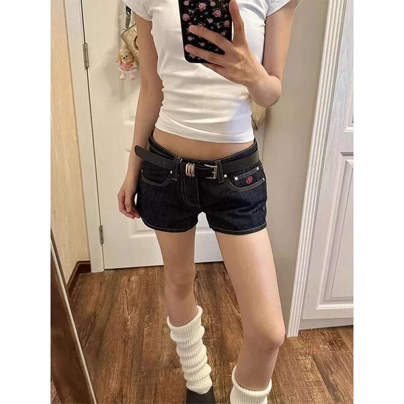 Dark Blue Spicy Girl Low-Waist Denim Shorts for Women, New Summer Style, Sexy, Slim-Fitting, Versatile, Straight-Cut, Ultra-Short Hot Pants