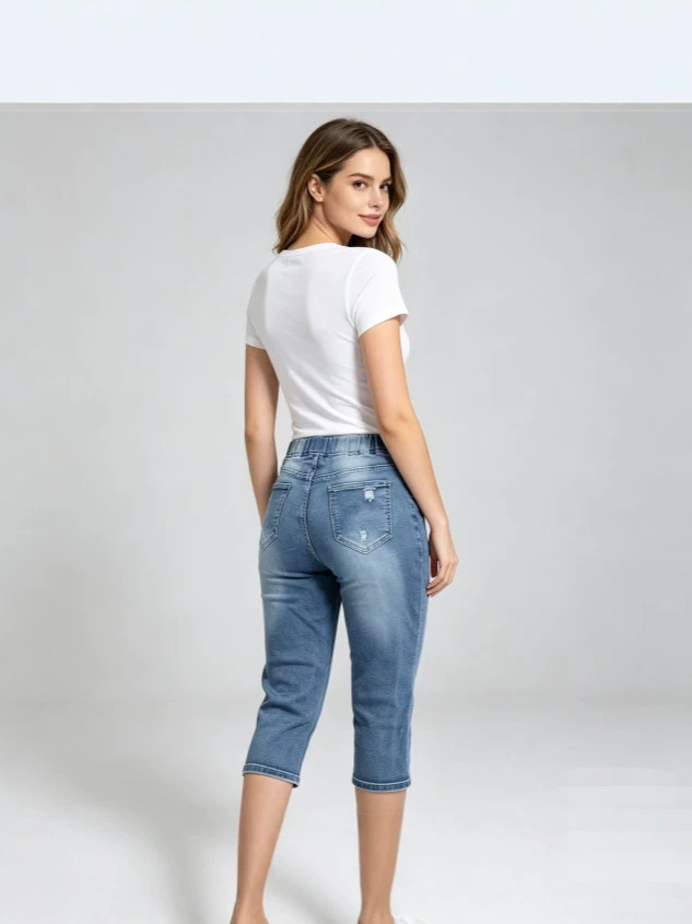 Jeans Capri Rotos para Mujer de Mezclilla, Alta Elasticidad y Cintura Elástica image 3