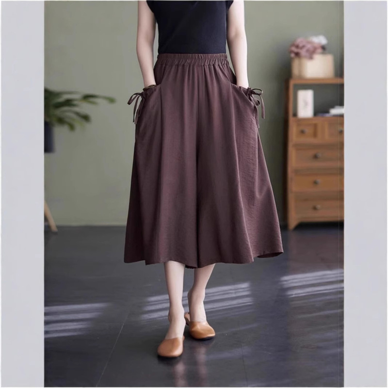 Ice silk Zou summer new loose plus size solid color elastic waist skirt pants casual cropped pants