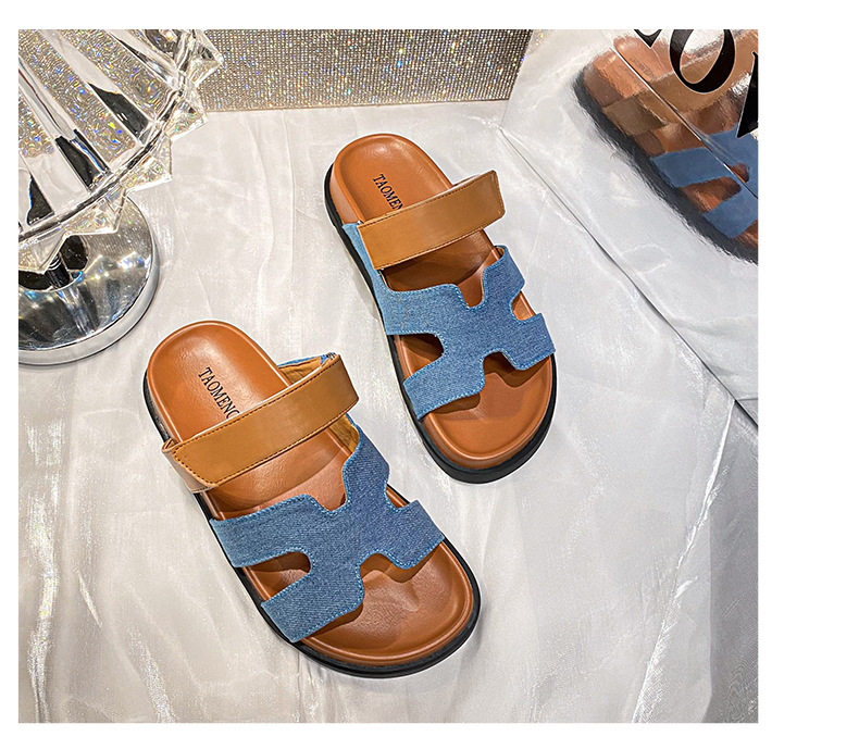 Dép sandal nữ quai ngang xỏ ngón đế dày, khóa dán tiện lợi, đi ngoài mùa hè — Màu trắng, Màu đen, Xanh denim phối nâu, Xanh mực ghép Hồng chi tiết 39