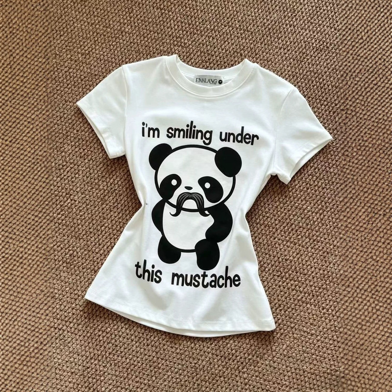 Japanese Subculture Style Beard Panda Print Short-Sleeve T-Shirt for Women, Summer Design, Slim Fit, Trendy Top
