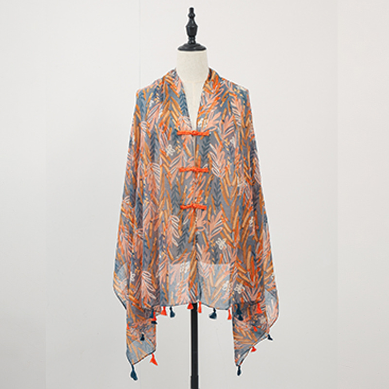 Chal de verano con falda, estampado de verano, nuevo estilo chino, bufanda de seda con hebilla, chal de protección solar, chaleco pequeño