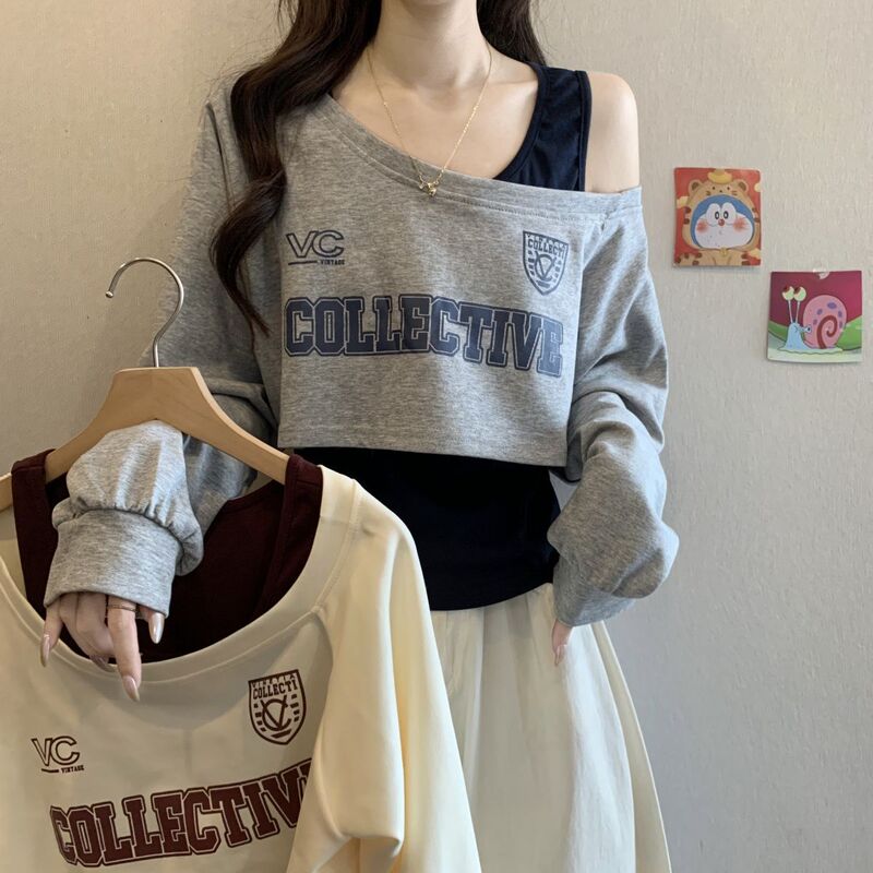 American-Style Off-Shoulder and Regular-Shoulder Long-Sleeve Sweatshirt for Women, Early Autumn 2025, Plus-Size, Layered Camisole Two-Piece Set