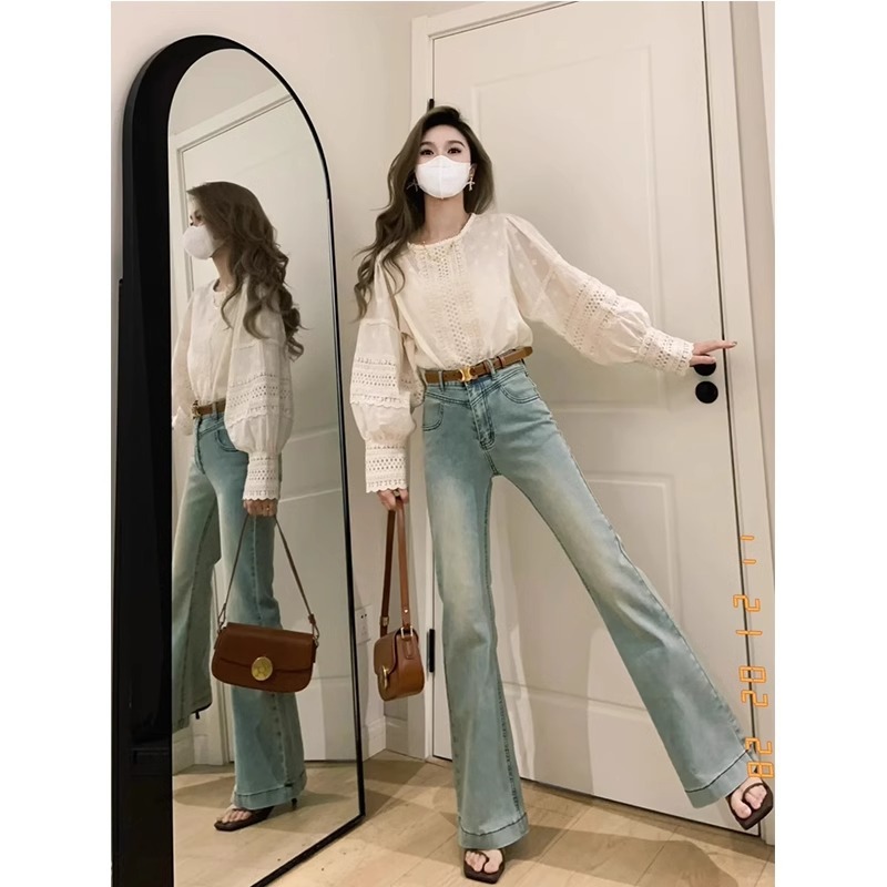 2025大码微喇牛仔裤女浅色秋季薄新款喇叭裤高腰复古美式高街裤子|undefined